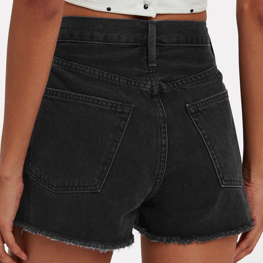 FRAME Le Vintage Black Denim High Rise Shorts | Frayed Hem | Exposed Button Fly - Picture 4 of 8